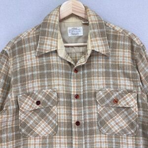 Vintage 70s Sears Wool Flannel Shirt Medium Tan Plaid Long Sleeve Board Surf
